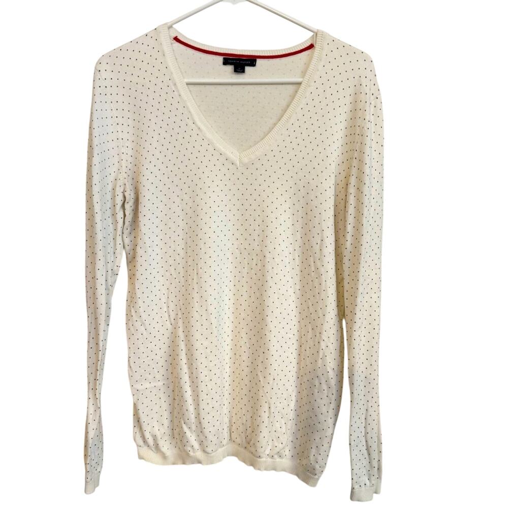 Tommy Hilfiger V Neck Sweater Women's M Polka Dot White Pullover Preppy